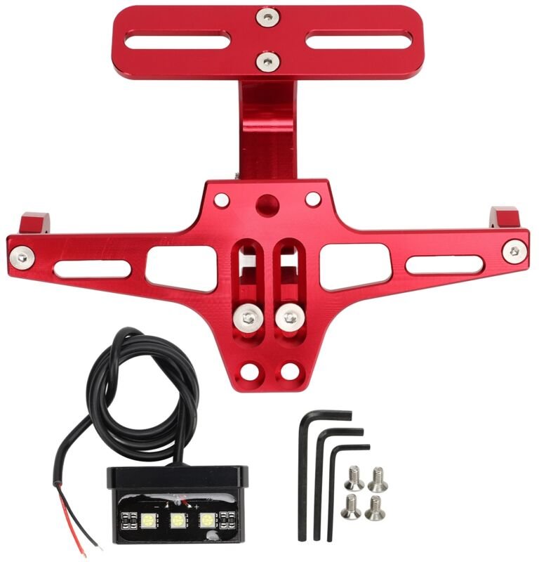 Kennzeichenhalter, verstellbarer Kennzeichenhalter für Motorräder mit Rücklicht aus roter Aluminiumlegierung.