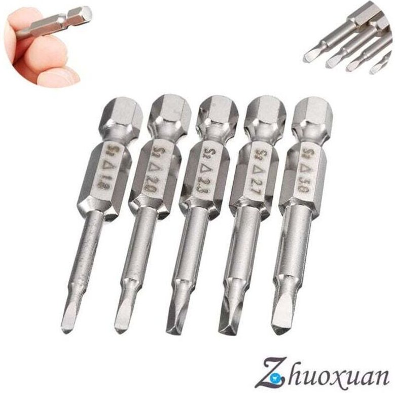 Set mit 5 elektrischen Schraubendreherbits: 50-mm-Sechskantkopf und -schaft, S2-Stahlbit mit 6,35-mm-Dreieckspitze und -...