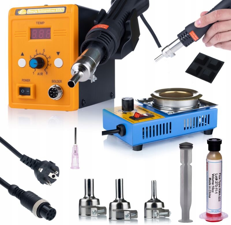 Rosfix Set Lötstation 858D + Löttiegel 21-B – Heißluft-Lötstation 700W & Tiegel 160W 3 Düsen, Flux RMA-223 100–500 °C ES...