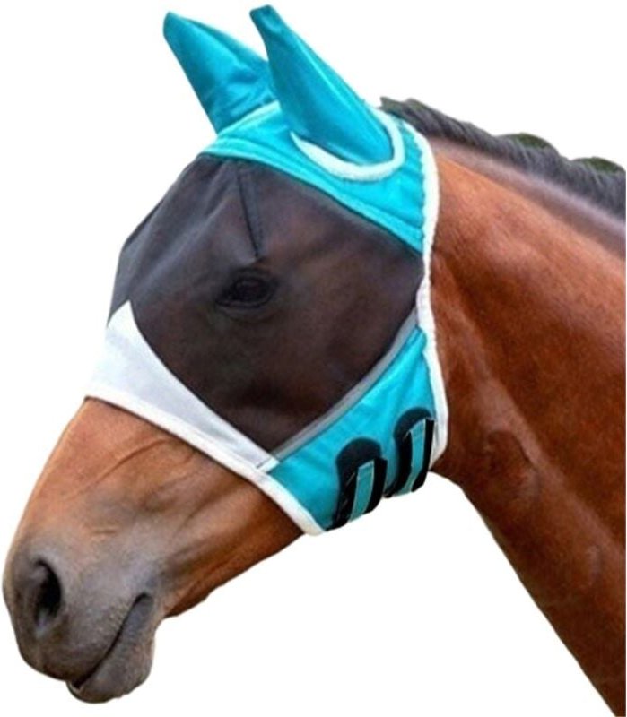 Feinmaschige Fliegenmaske mit Ohrenschutz, UV-Schutz, weich für Pferde (L blau), 1 Stück