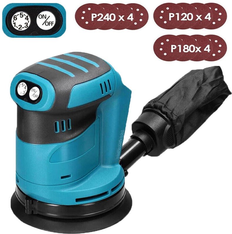 Mawiron - Exzenterschleifer, 125 mm kabelloser bürstenloser 18-V-Exzenterschleifer, mit 12 Schleifpapieren und Staubbeut...