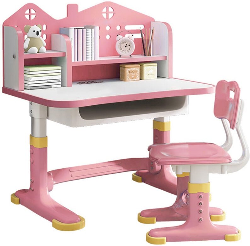 Schreibtisch-Set für Kinder, verbreiterte Tischplatte, höhenverstellbar, mit burgförmiger Rückwand, mit Regal und Aufbew...