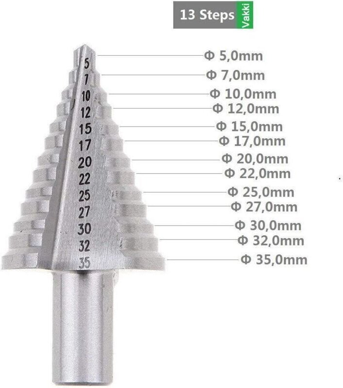 HSS-Stufenbohrer, zweischneidig, konisch (5–35 mm) mit Titanbeschichtung, massiv, ideal zum Bohren in Stahl, Holz, Kunst...