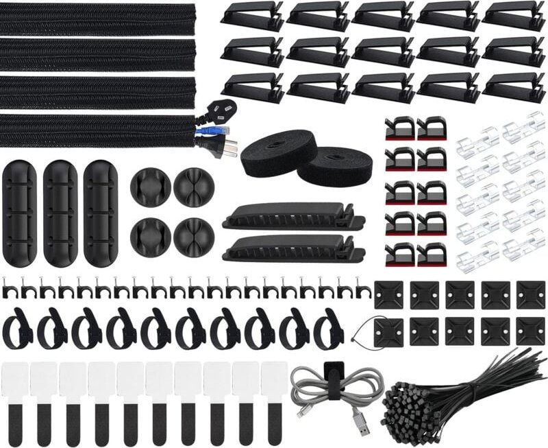 200-teiliges Kabelmanagement-Set, 4 Kabelmuffen, 3 Kabel-Organizer-Clips für den Schreibtisch, 10+2 Kabelbinder für Verl...