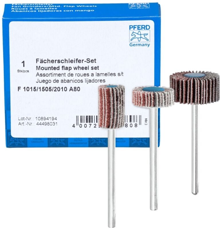 Pferd - Fächerschleifer-Set Korund a 80 Ø10x15mm, Ø15x5mm und Ø20x10mm Schaft-Ø3mm für Feinschliff & Finish