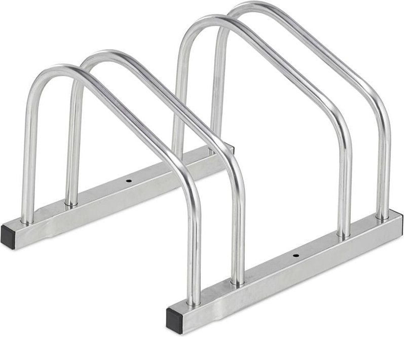 Relaxdays Fahrradständer Boden, für 2 Fahrräder, bis 50 mm Reifenbreite, Metall, Garage, Fahrrad-Aufstellständer, silber