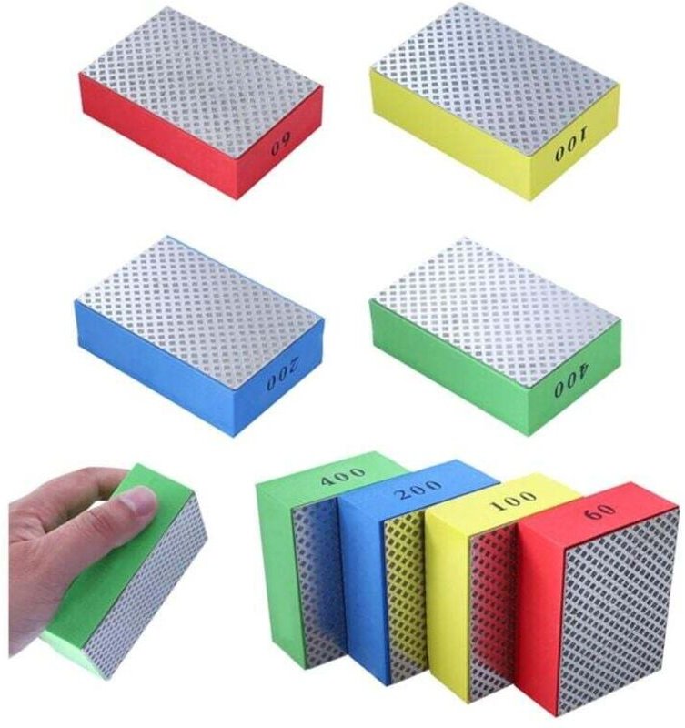 Diamantpolierpads, Handschleifblöcke für Stein, Keramik, Fliesen, Glas, 4 Rauheitsstufen - 60 100 200 400 (silberne Seit...