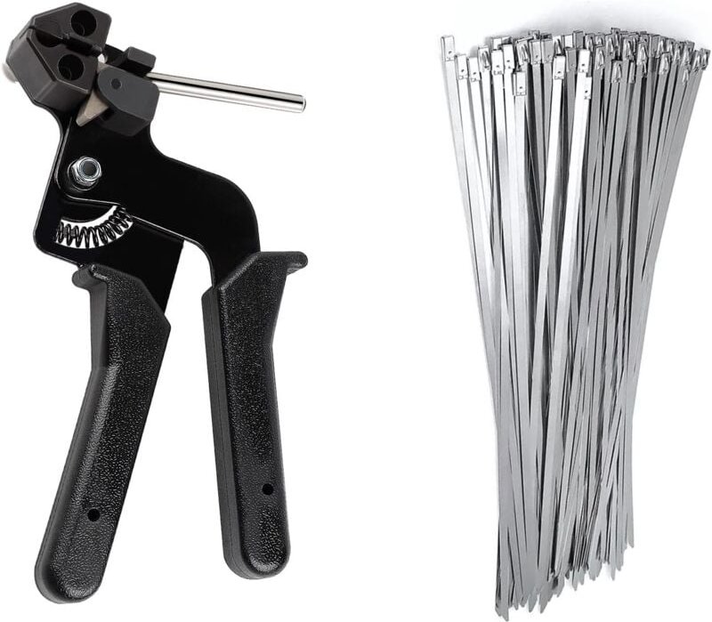 Kabelbinderpistole mit 100 Edelstahl-Kabelbindern 4,6 x 300 mm, Kabelbinderpistole aus Metall mit Schneidfunktion - Dola...