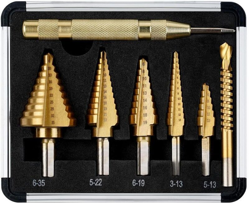 Vtizikl 5PCS Foret Étagé (5-13mm, 3-13mm, 6-19mm, 5-22mm, 6-35mm), 1 Poinçon Central Automatique + 1 Foret Hélicoïdal, F...