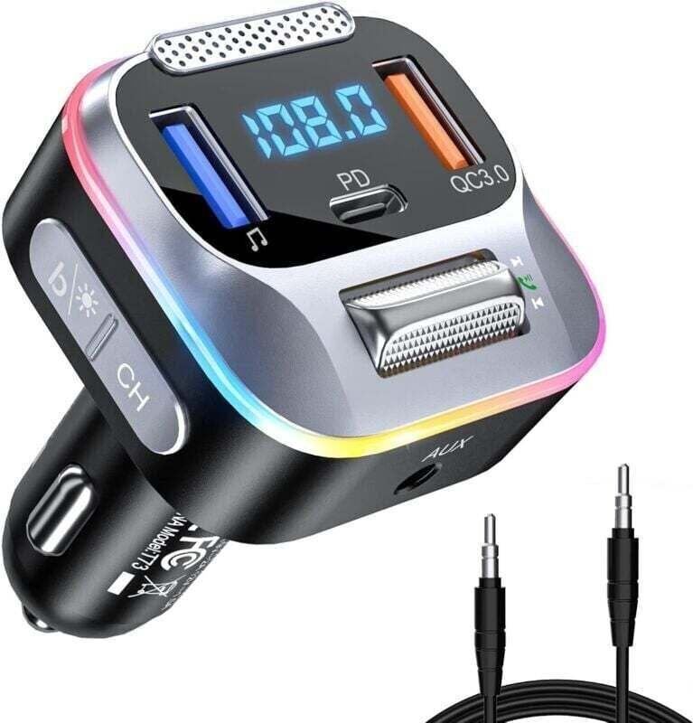 Bluetooth-FM-Transmitter fürs Auto, Zigarettenanzünder-Bluetooth 5.0-Autoladegerät PD+QC3.0, Aux-Empfänger, großes Mikro...