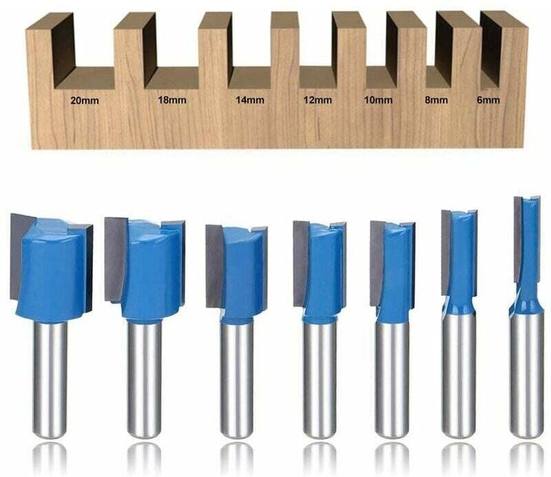 Shining House - 7-teiliges gerades Fräser-Bit-Set mit 8 mm Schaft für die Holzbearbeitung 6/8/10/12/14/18/20 mm