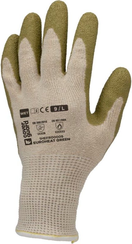 Pack mit 10 Paar weißen Baumwoll-/PE-Recycling-Handschuhen EUROHEAT GREEN – mit grüner Latex-Beschichtung, 10 Stück