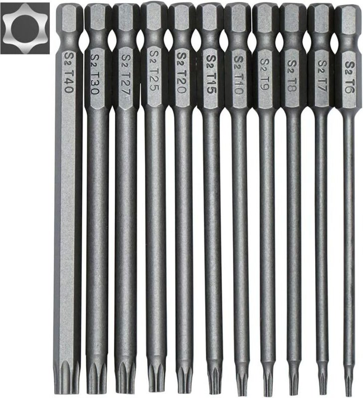 Set aus 11 langen Torx-Bits für Schraubendreher und Elektrowerkzeug – Magnetische Bits – 6,35 mm (1/4") Sechskantaufnahm...