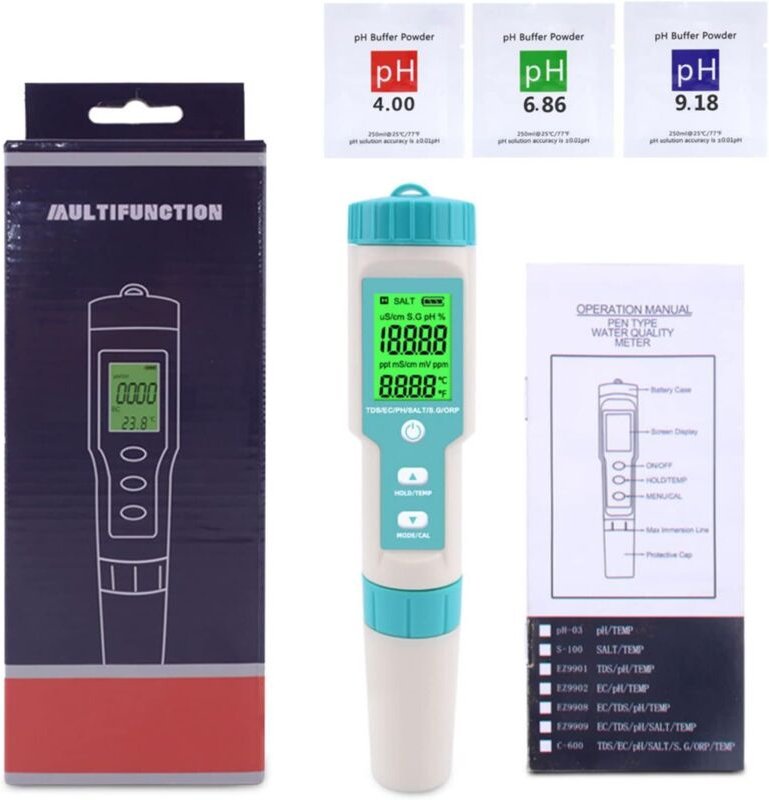 Wasserqualitätstester, 7-in-1 TDS/EC/PH/ORP/SG-Messgerät, LCD-Wassertester mit grüner Hintergrundbeleuchtung und Messber...