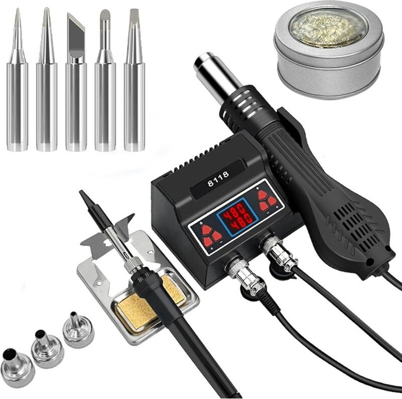 2-in-1 Heißluft-Lötstation, 700-W-LED-Digital-Lötstations-Set mit 5 zusätzlichen Lötspitzen und 3 Heißluftdüsen