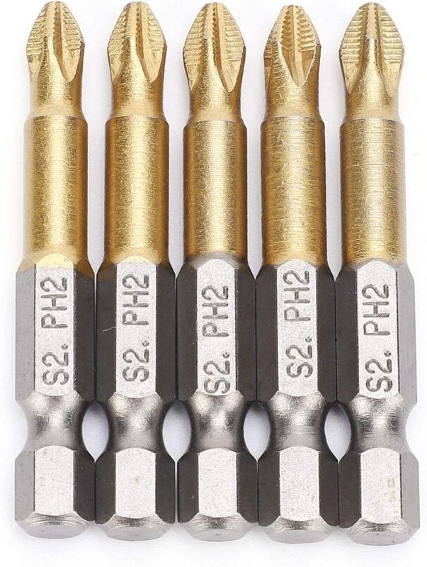 Thumbnail - Set mit 5 magnetischen 50-mm-PH2-1/4"-Schraubendreherbits mit Anti-Rutsch-Beschichtung, Sechskantschaft und Kreuzschlitz...