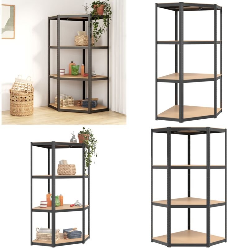 Eckregal mit 4 Böden Anthrazit Stahl & Holzwerkstoff - Eckregal - Industrielles Regal - Metallregal - Lageregel - Arbeit...