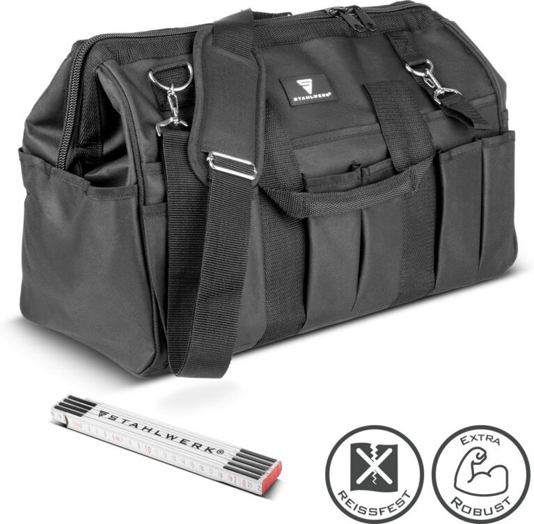 STAHLWERK Werkzeugtasche stabile XL-Montagetasche Elektrikertasche 21 Fächer