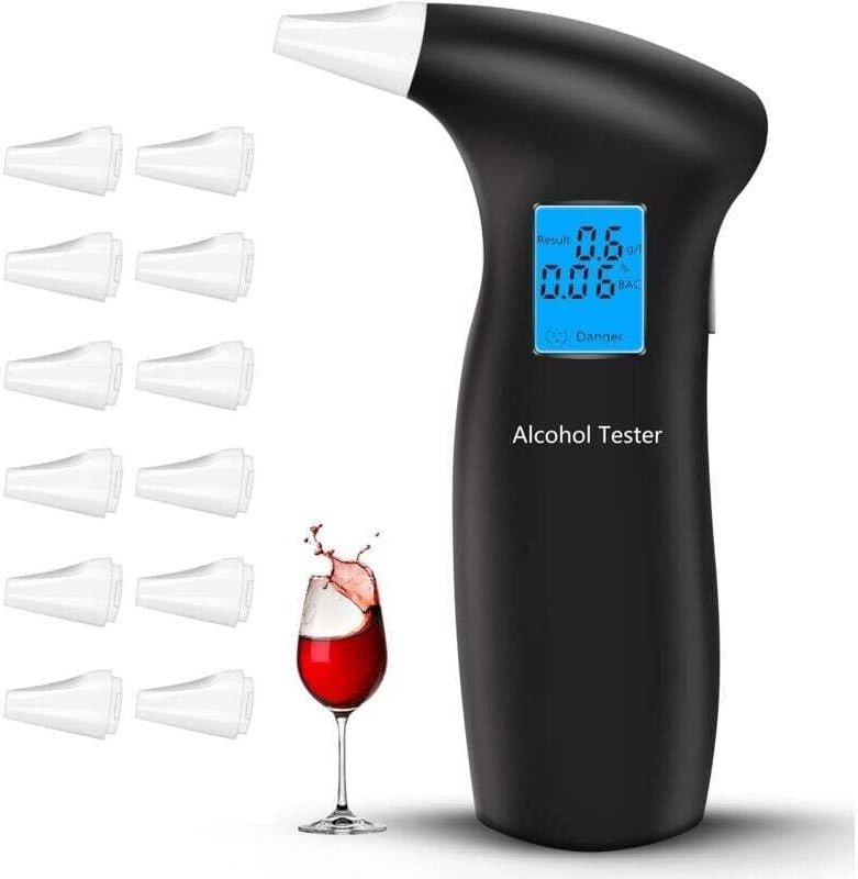 Alkoholtester, Atemtestgerät mit 12 Mundstücken, Professioneller Alkoholtester Tragbarer Alkoholtester mit LCD-Display D...