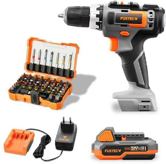 20V Akkuschrauber FX-E1BS20 set mit 2 x Akku 2Ah, 1 x Ladegerät 1A inkl. Bits Set - Fuxtec