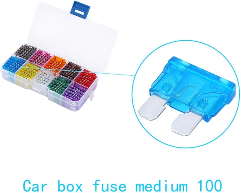 Packung mit 100 Kfz-Sicherungen in Aufbewahrungsbox: 2, 3, 5, 7, 5, 10, 15, 20, 25, 30, 35 A