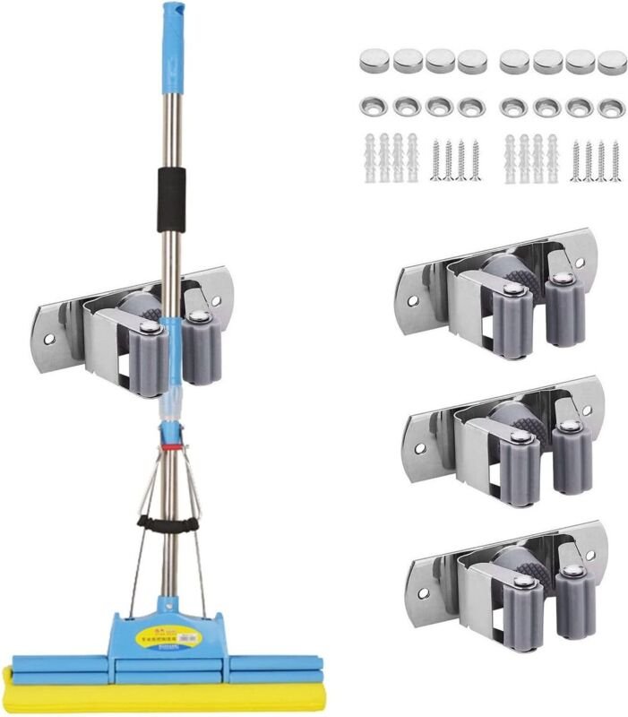 Wandmontierter Werkzeughalter, 4 selbstklebende Edelstahlhalterungen für Bad, Küche, Garage, Garten, Waschküche, Toilett...