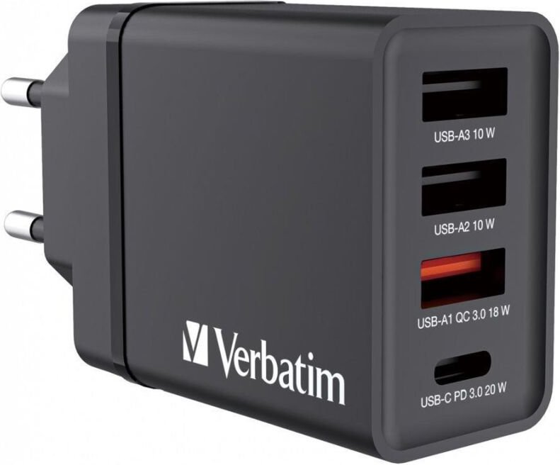 Verbatim Wandladegerät 1x USB-C PD 20W 1x USB-A QC 3.0 2x USB-A 10W EU Schwarz