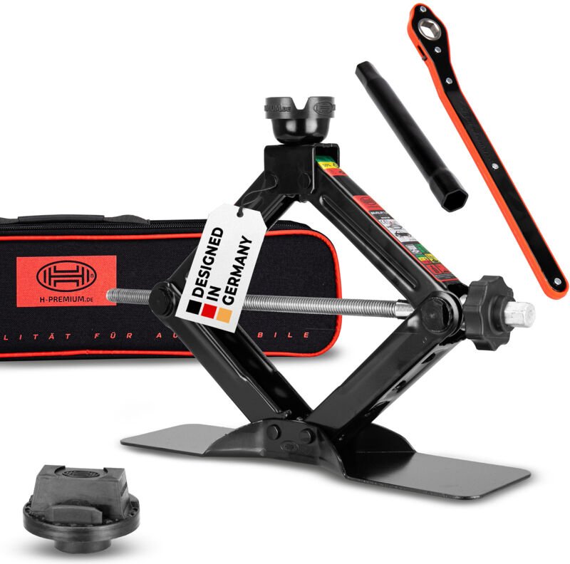 HEYNER® Scherenwagenheber 1,5t + individueller Gummiauflage für Mercedes, höhenverstellbar 112–395mm, Sattel drehbar, in...