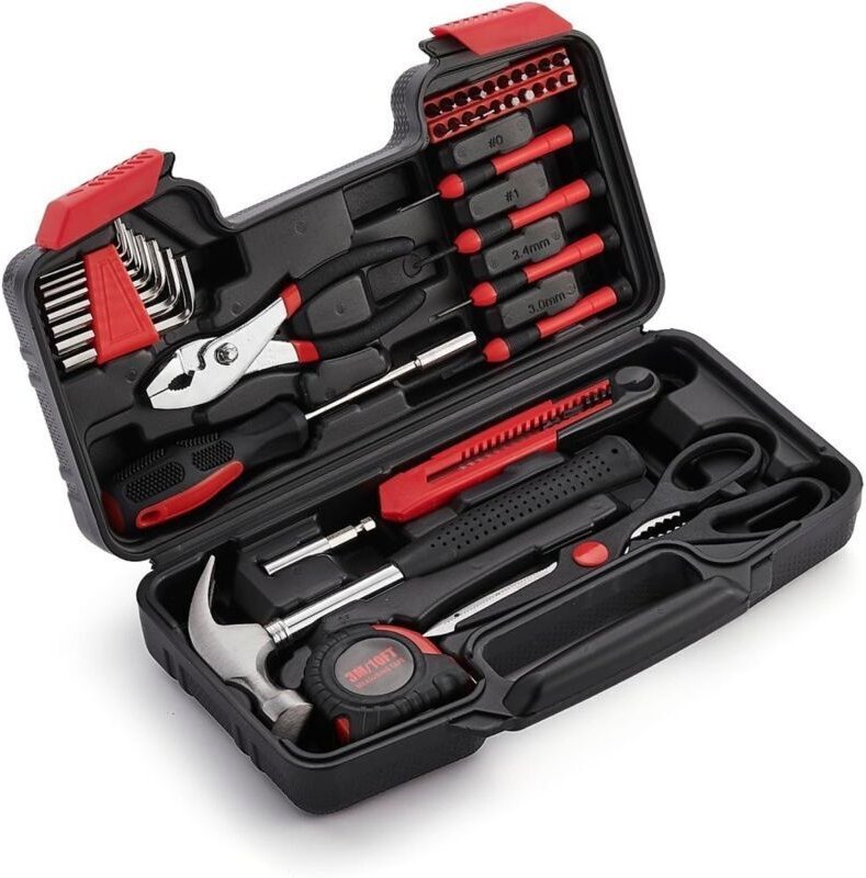 39-teiliges Werkzeugset, Werkzeugkoffer mit Tragetasche, inklusive Zange, Hammer, Schraubendreher, Heimwerker-Set für Re...