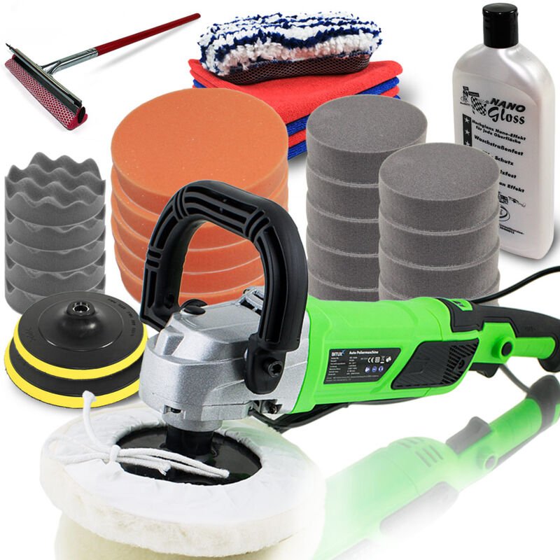 Polierset Autopoliermaschine 1200W kfz Autopflege Lack Autopolierer Set 7 inkl. nano politur und umfangreiches Polierzub...