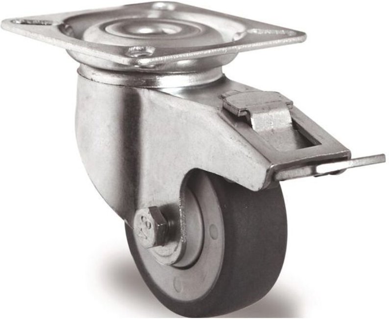 Lenkrolle mit Totalfeststeller Rad-Ø 100 mm Tragfähigkeit 100 kg mit Anschraubplatte Kugellager Gummi grau