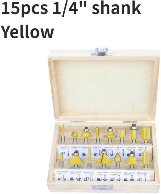 Set mit 15 Hartmetall-Fräsern, 6,35 mm Schaft. Zum Schneiden, Nuten, Zapfenfräsen und Schnitzen. Fräser-Set für die Holz...