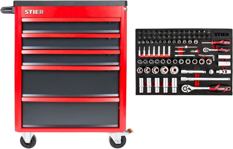 STIER Werkstattwagen Basic+ bestückt 92-teilig, Werkzeugwagen gefüllt, Werkstatteinrichtung