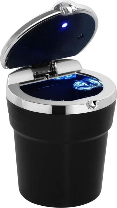Aschenbecher fürs Auto (schwarz) – tragbarer Zigarettenhalter für unterwegs – LED-Licht mit Klappdeckel – selbstverlösch...