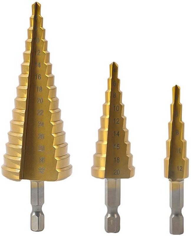 Stufenbohrer-Set, Sechskant-Schaftbohrer 4–12 mm / 4–20 mm / 4–32 mm, Titan-Metall-Absplitterbohrer-Set, Kegelbohrer, 3-...
