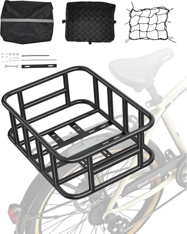 Fahrradkorb hinten 435x330x155 mm, Hinterradkorb mit Gepäcknetz & Abdeckung, Gepäckträger zum Transport von Hunden, Haus...