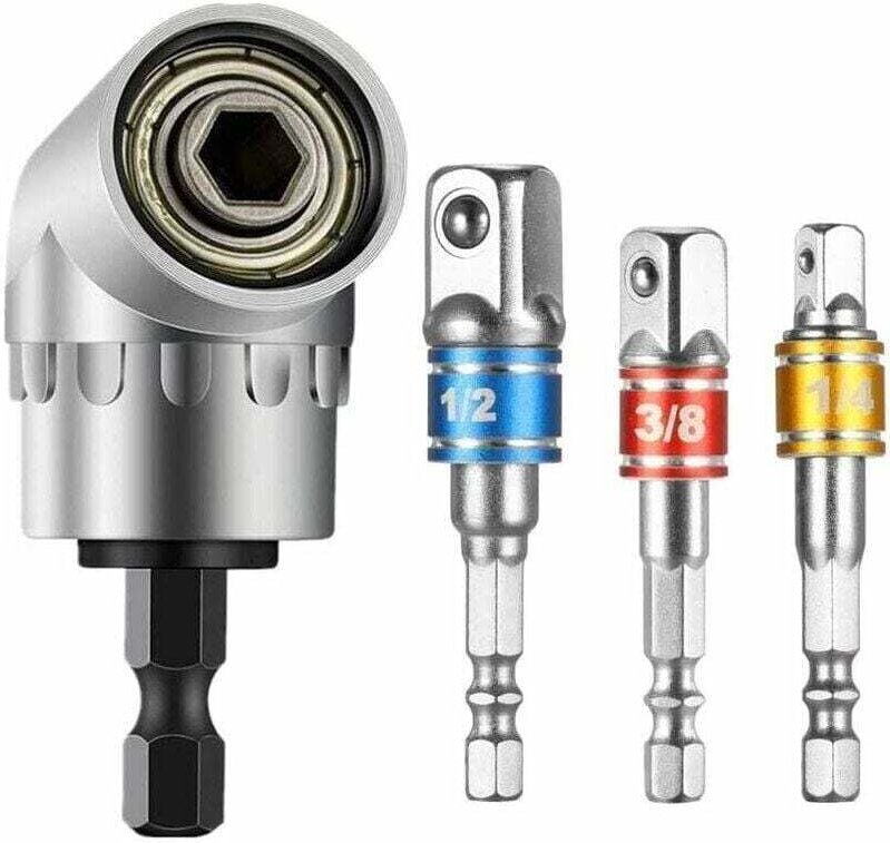 rechtwinkliger Bohrer und 3 Steckschlüsseladapter (1/2", 3/8", 1/4"), 105°-Magnet-Schnellwechsel-Winkelschraubendreher-S...