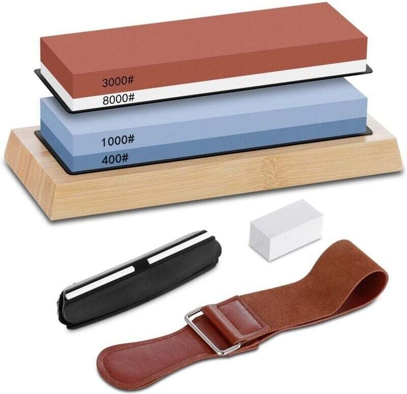 Schleifstein-Set 400/1000 3000/8000, professioneller doppelseitiger Schleifstein für Messer, mit rutschfester Bambusbasi...