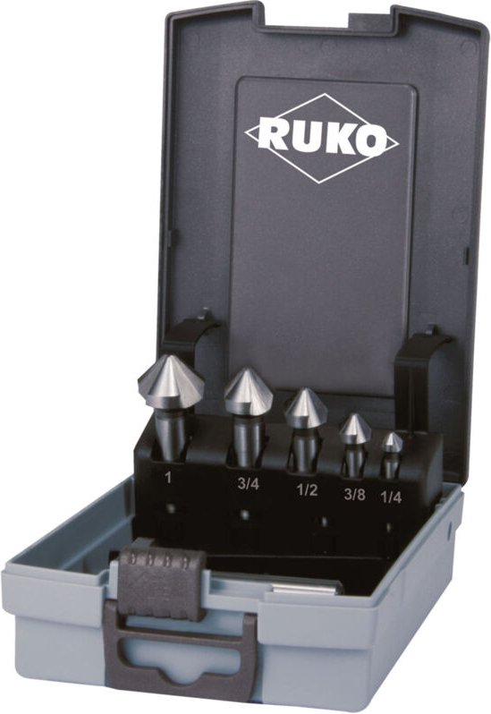 RUKO Kegel- und Entgratsenker Satz Form C 82° HSS in Zollabmessungen, in Kunststoffkassette - 5 tlg. - 102193RO