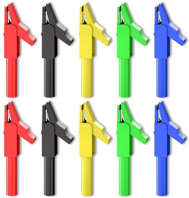 Isolierte Krokodilklemmen mit 4-mm-Bananenstecker, 10 Stück, 300 V, 15 A, fünf Farben, für elektrische Prüfungen mit ein...