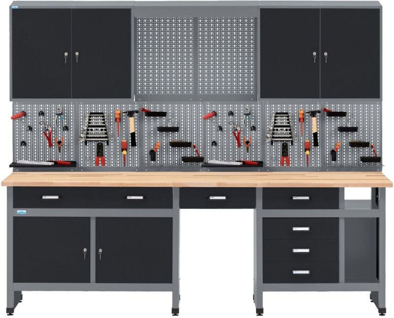 Küpper Werkbankset 70412-9, Breite 240 cm, Werkbank mit Vollbuchenplatte , Hängeschrank, 2x Lochwand inkl. 12 Metall-Sta...