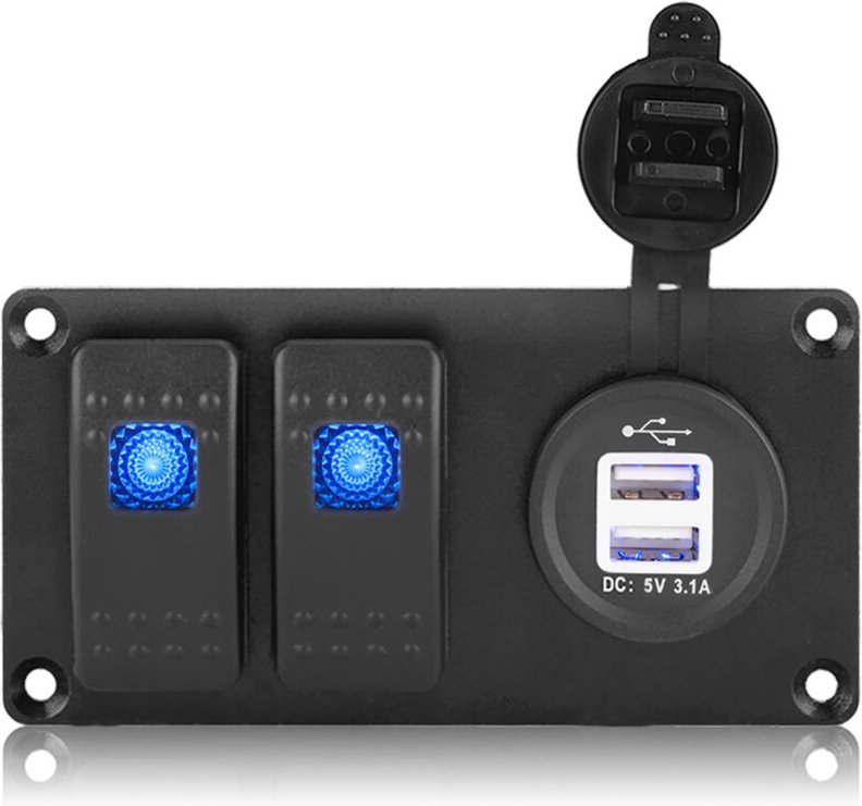 Keenso 12–24 V 2-fach LED-Wippschalterpanel, LED-Lichtleisten-Schalterpanel mit 3,1-A-USB-Anschluss, professionelles was...