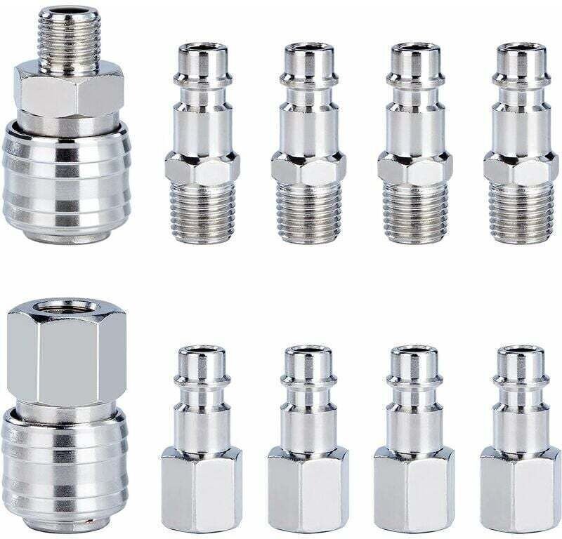 Thumbnail - Kit de raccords rapides pour tuyau de compresseur d'air 1/4" BSP mâle et femelle (10 pièces)