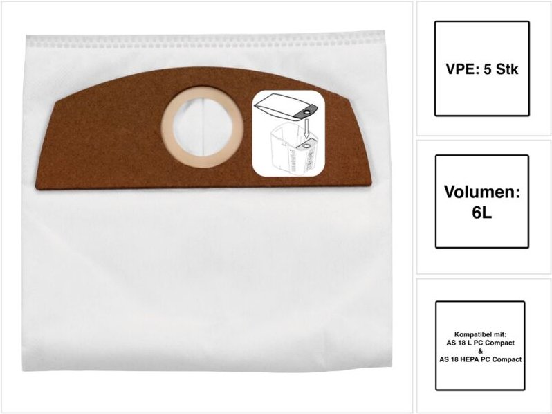 Metabo 5 Vlies-Filterbeutel - 6 l, AS 18 L PC Compact