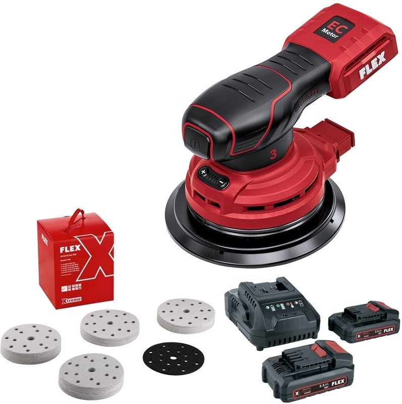 Flex Akku-Exzenterschleifer ORE 3-150 18-EC 2 Akkus 2,5 Ah, 102tlg Schleifpapier
