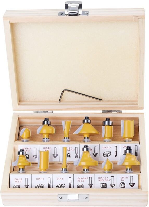 12-teiliges Fräser-Set mit 6,35 mm 1/4-Zoll-Schaft und Wolframkarbidspitze, Fräser-Bits für Heim und Heimwerker, mit Sch...