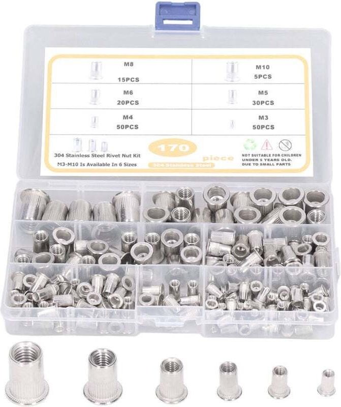 Vtizikl 170 Pièces Acier Inoxydable Rivet Écrou Outil Plat Tête Filetée Rivet Nutsert Cap Assortiment kit M3 M4 M5 M6 M8...