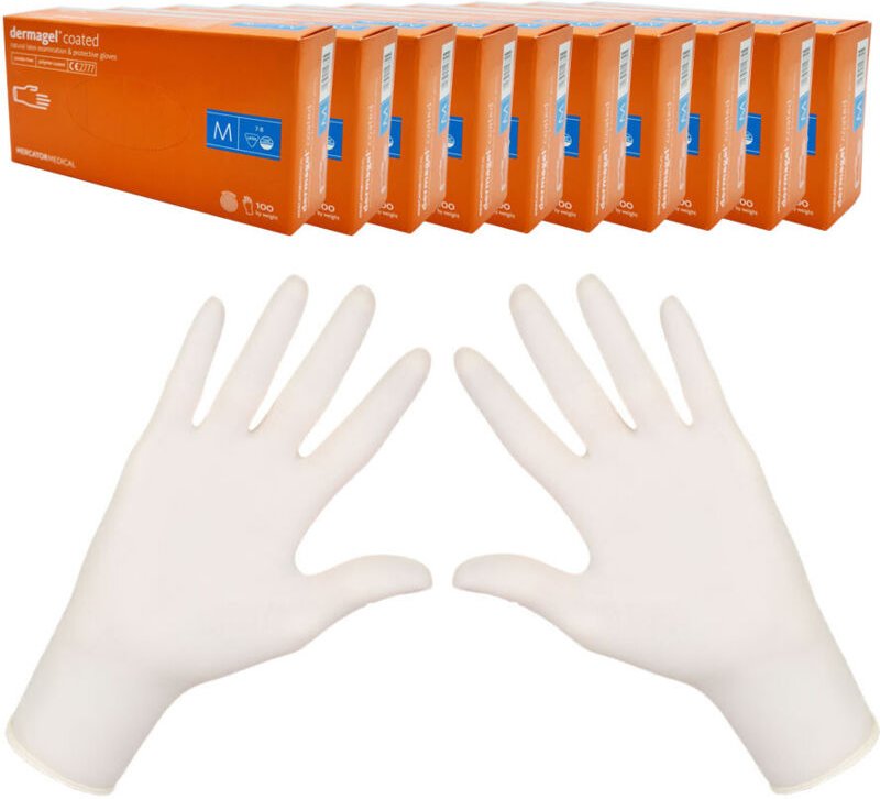 Thumbnail - Latexhandschuhe M Mercator Dermagel beschichtet, 100 Stück, Karton mit 10 Packungen