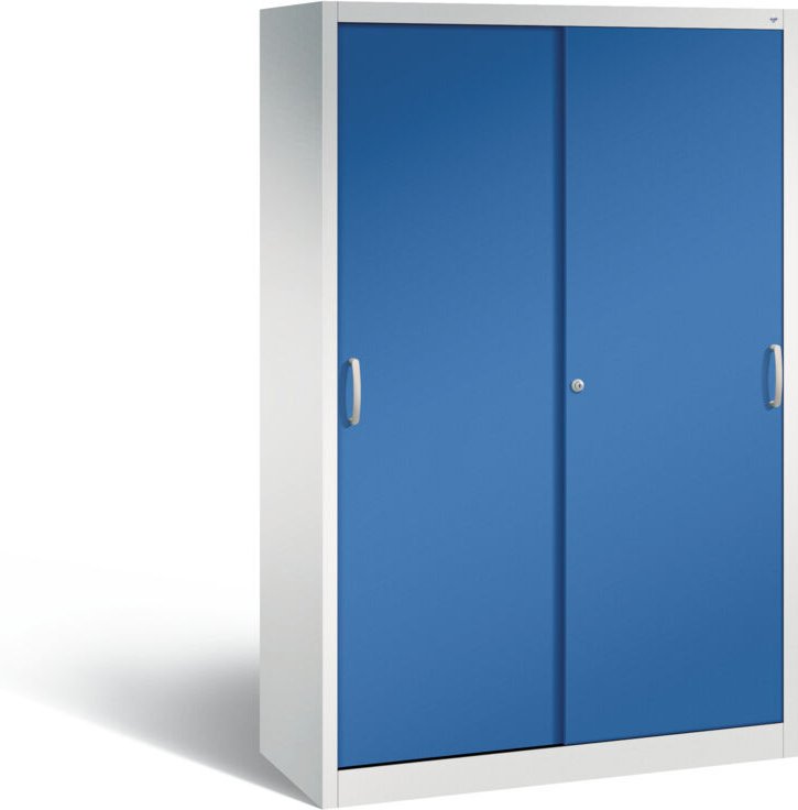 C+P Werkzeugschrank mit Schiebetüren, innen 4 Böden, H1950xB1200xT500mm Front Enzianblau Korpus Lichtgrau