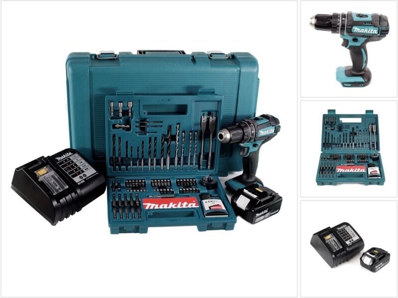 Dhp 482 sgk Akku Schlagbohrschrauber 18V 62Nm + 1x Akku 6,0Ah + Ladegerät + 100 tlg. Bit Bohrer Set + Koffer - Makita